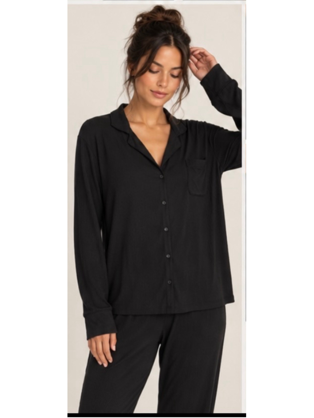 SKIMS Soft Lounge Ribbed Pajama Top L Onyx Black Modal Button Down Sleep